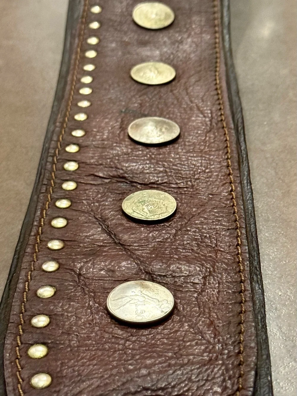 Vintage 1970s Coin-Studded Wide Leather Waist Belt w/ Brass Accent, Men’s XL